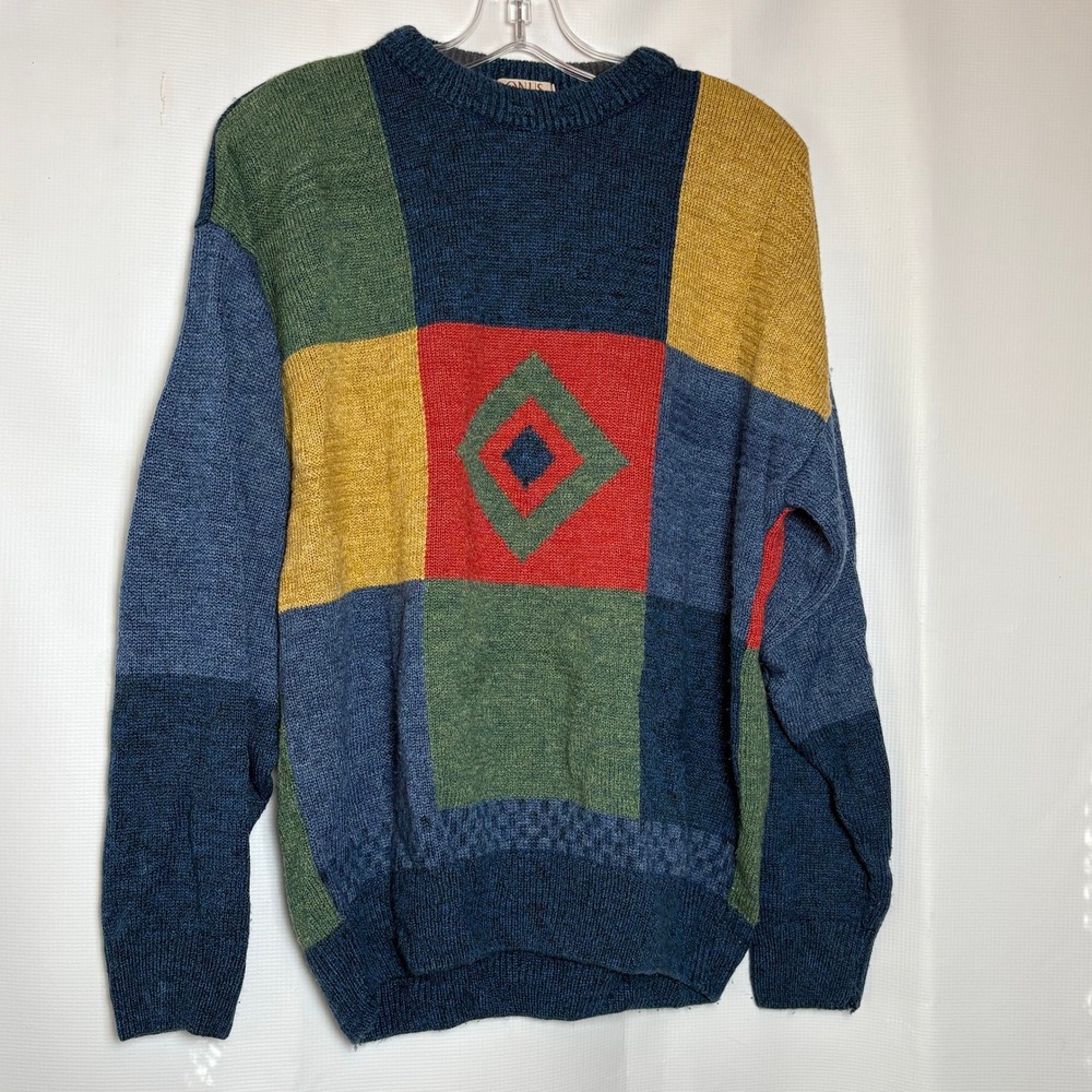 Vintage 90s ONUS Mens‎ Large Patchwork Color Block Acrylic Sweater Cosby Grandpa